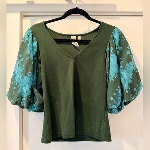 Dolan Green Blouse with Blue Floral Sleeves